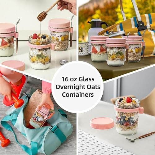 6 Pack Overnight Oats Containers with Lids and Spoons, 16 oz Glass Mason Overnight Oats Jars, Large Capacity Airtight Jars for Milk, Cereal, Fruit(Pink) thumbnail 7