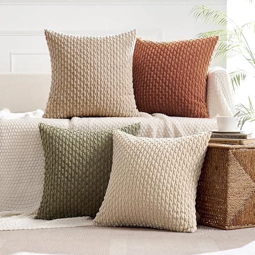 MIULEE Pack of 4 Rust-Olive Green Throw Pillow Covers 18x18 Inch Soft Corduroy Decorative Boho Striped Pillow Covers Pillowcases Modern Farmhouse Home Decor for Couch Bed Sofa Living Room - Image 1
