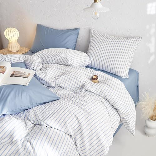 Wake In Cloud - Striped Cotton Duvet Cover Set, Ticking Stripe Vertical Pinstripe Farmhouse, 100% Washed Cotton Textured Percale Bedding Set, 3 Pieces, Blue White, Twin Size thumbnail 8