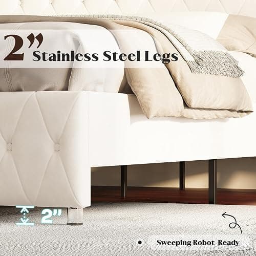 YUMPIE Full Bed Frame LED Lights Headboard, Velvet Upholstered, Cream | Adjustable Headboard built-in Chic Acrylic, Footboard, No Box Spring Needed, Solid Wood Slats, Noise-Free, Easy Assembly thumbnail 8