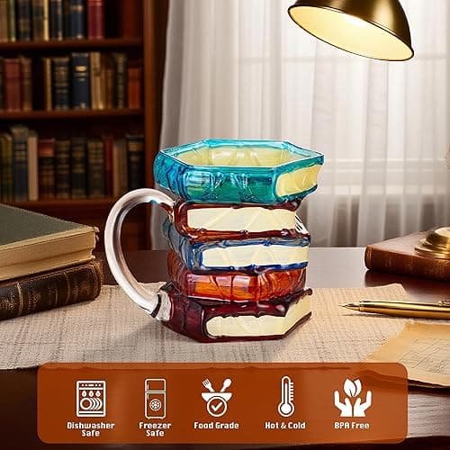 WACOI Painted Book Glass Coffee Mugs, 14oz Espresso Cappuccino Latte Tea Cups with Handle, Novelty Mugs for Readers, Bookworm, Ideal Gift for Christmas, Birthday thumbnail 5