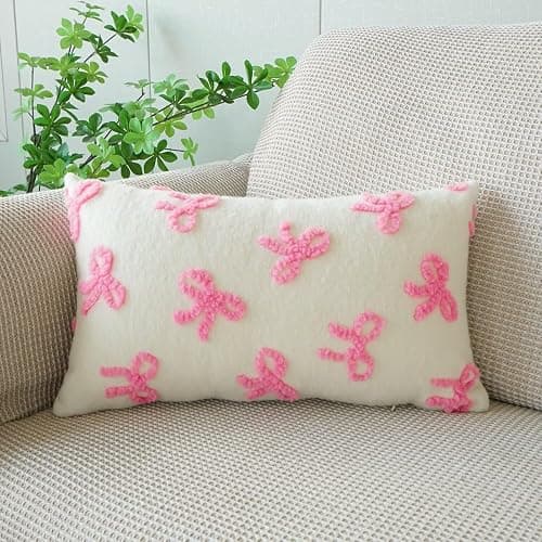 YDBDAT Coquette Room Decor Bow Throw Pillow Covers Embroidered Pillow Covers 12x20 Set of 2 Christmas Cute Bowknot Decoration Pillow Cases for Home Bedroom Lumbar Couch Dorm Pink thumbnail 3