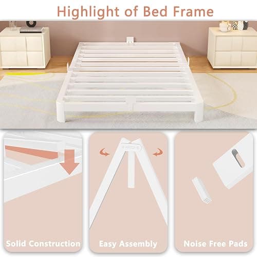 HQU 4 Inch Twin Bed Frames with Metal Baffles, White Bed Frame Twin No Box Spring Needed, Heavy Duty Steel Slats Support, Baby & Pet Friendly, Round Corner Design, Easy Assembly, Noiseless thumbnail 5