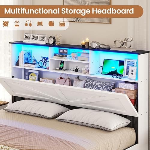 VIAGDO Farmhouse Bed Frame Full Size with Bookcase Storage Headboard, Charging Station and LED Lights, Wooden Full Bed Frame with 4 Drawers, Barn Door Design, No Box Spring Needed, No Noise, White thumbnail 3