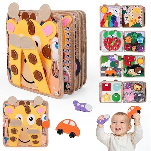 kabiuby Giraffe Busy Book for Toddlers 1-3, Montessori Toys Toddler Busy Board for 1 Year Old, Felt Quiet Book Sensory Learning Activity Books, Airplane Car Travel Toys, Gifts for Boys Girls 1+ - Image 1