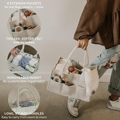 Parker Baby Co. Felt Diaper Caddy Organizer - Large, White | Portable nursery storage bin for diapers, wipes, bottles & baby essentials for home/car. Soft felt, foldable design 13x9x7" thumbnail 6
