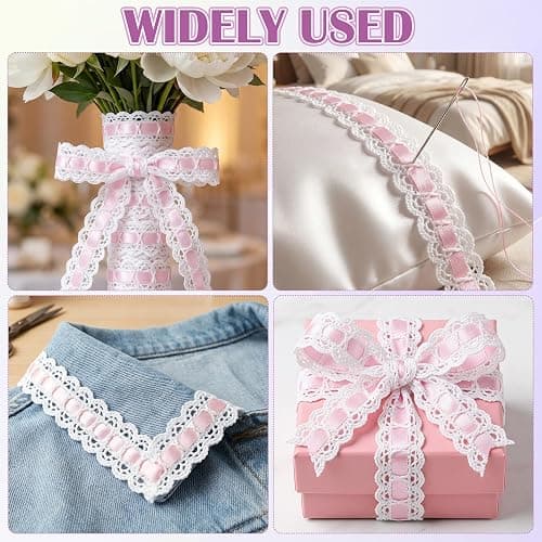 SmallCat 2 Yards Pink Lace Ribbon, Bow Lace for Crafts | Vintage Pink Laces, Stretch Laces Trim for Wrapping, Bouquet Packaging, DIY Crafts, Wedding Decorations, Party Decoration thumbnail 6