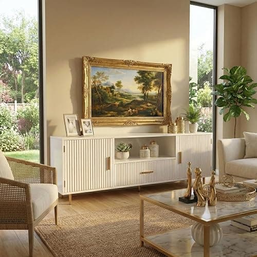 DIYART Modern Fluted TV Stand for 55/60/65 Inch TV, 57" Entertainment Center Media Console Table with Drawer & Storage Cabinets, Ribbed Design TV Cabinet Credenza for Living Room, White thumbnail 8