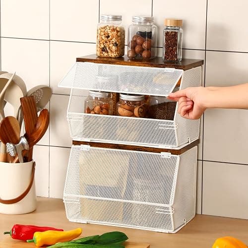 Teenyyou 2 Pcs Stackable Mesh Fruit Basket with Lid Wall Produce Vegetable Storage Basket Onion Potato Snack Hanging Metal Wire Container for Kitchen Counter Pantry(Non-removable,White,7.1"w & 11.8"l) thumbnail 2