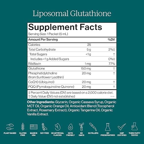 CYMBIOTIKA Liposomal Glutathione – PQQ, CoQ10, Detox & Skin Support | With PQQ, CoQ10 & vitamin B2. Sunflower liposomal delivery. Vegan, non-GMO, third-party tested. Citrus Vanilla, 26 packets. thumbnail 5