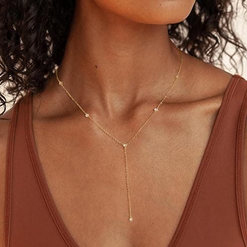 LuckFairy Lariat Necklace for Women，Dainty Gold Long Necklaces 14k Gold Plated CZ Lips Bead Y-Shaped Drop Chain Necklace Simple Gold Layered Necklaces for Women Trendy Gold Jewelry Gifts for Women thumbnail 4