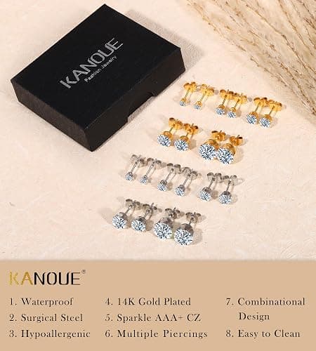 10 Pairs Surgical Steel Stud Earrings Set,14K Gold Plated Hypoallergenic Earrings Studs Set for Women, Stainless Steel Cubic Zirconia Waterproof Non Tarnish thumbnail 2