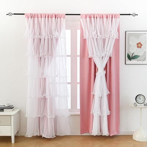 PLEGOS Pink Curtains for Girls Bedroom Blackout Nursery Curtains Double Layer White Ruffle Sheer Overlay for Kids Toddler Room Privacy Room Darkening Window Drapes 52 x 84 Inch thumbnail 3