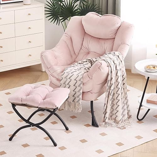 Furlide Lazy Chair with Ottoman, Modern Chair with Folding Footrest, Lounge Accent Chair, Comfortable Reading Chair, Oversized Armchairs for Bedroom, Study, Living Room, Courtyard (Pink) - Image 1