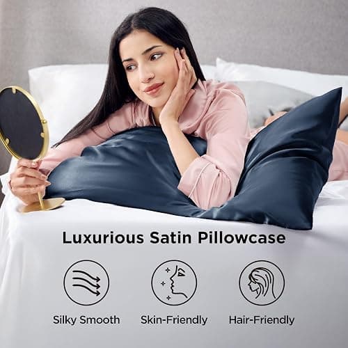 Bedsure Satin Pillowcases, Similar to Silk Pillow Cases Queen Size Set of 2, Pillow Case for Sleeping Women with Envelope Closure, Gifts for Women Men, Blue, 20x30 Inches, 2pcs thumbnail 3