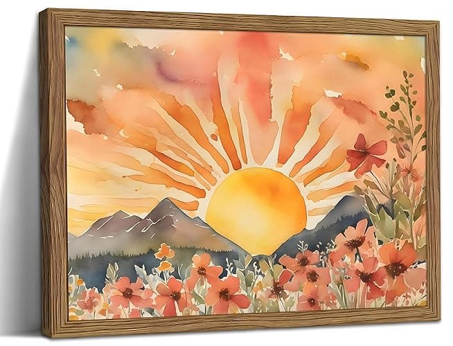 Framed Sunset Boho Wall Art for Living Room - Modern Abstract Floral Canvas Picture Boho Wall Decor, Sun Landscape Aesthetic Painting Poster Prints for Bedroom Home Office 12x16 inch