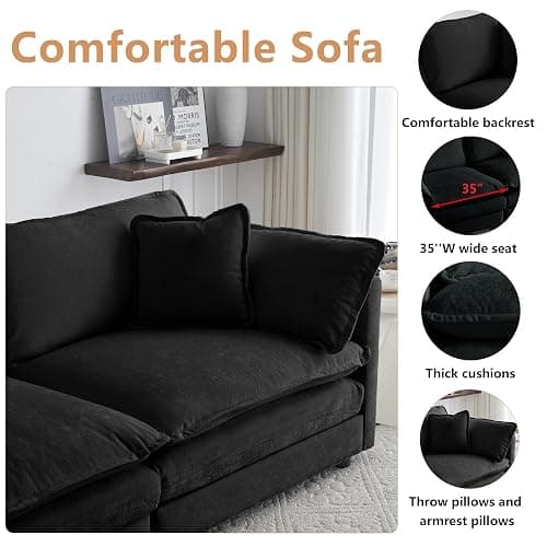 mikibama Luxury Modular Sectional Sofa, 111.5" Modern Chenille Comfy Cloud Couches for Living Room Office, 3 Seater Deep Sofa with 2 Armrest Pillows and 3 Toss Pillows, Black thumbnail 3
