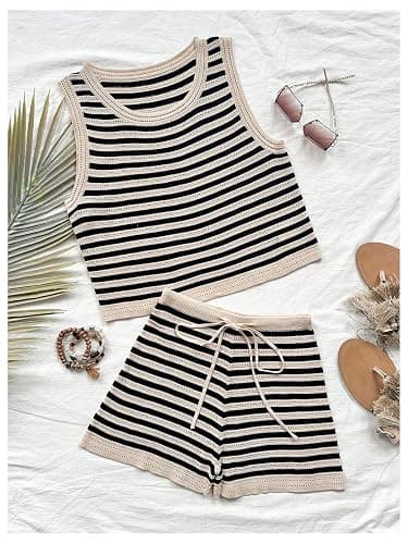 MakeMeChic Women's Two Piece Outfit Striped Crew Neck Tank Crop Top and Drawstring Knit Shorts Set thumbnail 5