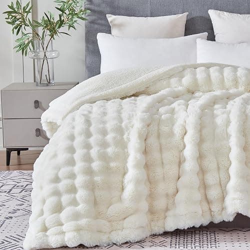 Serenhom 50x60 Inches Ultra-Soft Fuzzy Faux Fur Plush Throw Blanket - Thick, Warm Sherpa for Couch, Sofa, Bedroom, Camping - Decorative Blanket for Cozy Warmth, Bubble Ivory White thumbnail 2