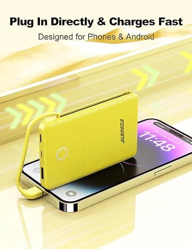 Alongza 6000mAh Small Portable Phone Charger with Built in Cable Lightweight Power Bank Type C Fast Charging External Battery Pack Slim Backup Charger Compatible with iPhone, Android - Yellow thumbnail 3