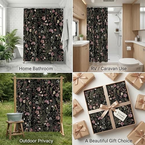 Lindameler Moody Black Botanical Shower Curtain Vintage Floral Bathroom Curtain Dark Wildflower Modern Bathroom Decor (Black, 72 X 72 INCH) thumbnail 6