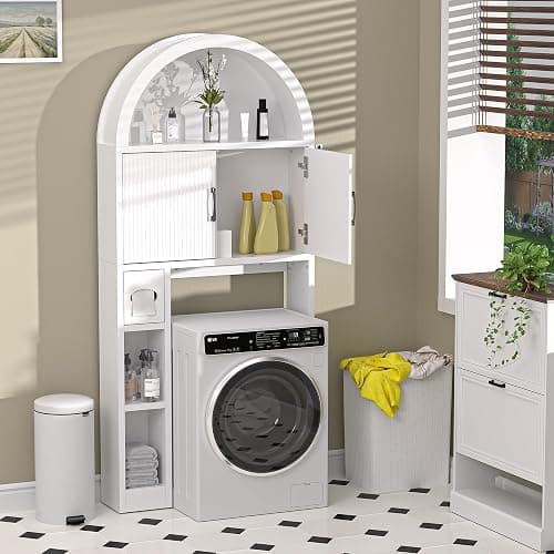 AHB Over The Toilet Storage Cabinet, Freestanding Bathroom Organizer with Adjustable Shelf and Anti-Tip Device, Arched Cabinet with Doors, Space-Saving Toilet Storage for Bathroom, Laundry, Mini Bar - White thumbnail 7