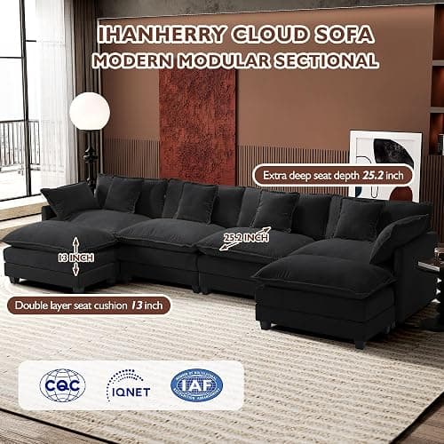 Ihanherry U-Shaped Modern Sofa 146" Modular Sectional Cloud Couch with 2 Ottoman, 6-Seat Chenille Deep Seat Sofa with 6 Pillows for Living Room, Black thumbnail 3