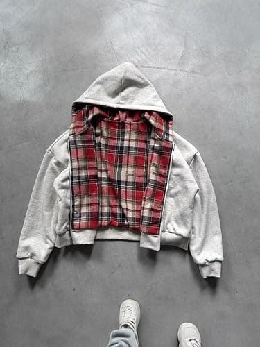 Lunoakvo Mens Oversized Reversible Hoodies Women Plaid Preppy Hoodie Streetwear Vintage Zipper Hooded Sweatshirt thumbnail 5