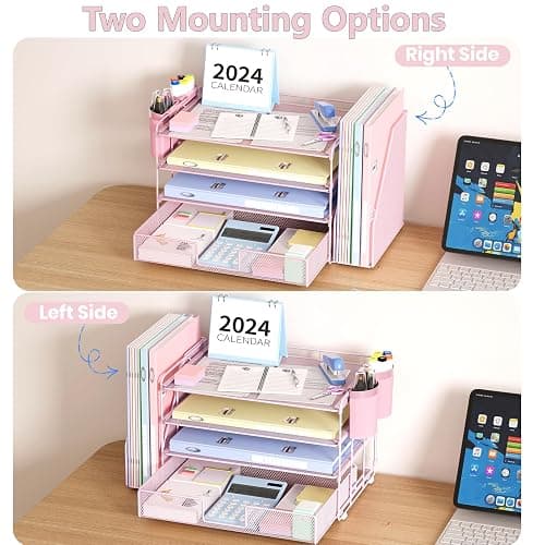 OPNICE Desk Organizer and Accessories, 4-Tier Desktop File Organizer with Drawer and 2 Pen Holders, Office Desk Accessories, File Sorters, Workspace Organizers for Office Supplies(Pink) thumbnail 7
