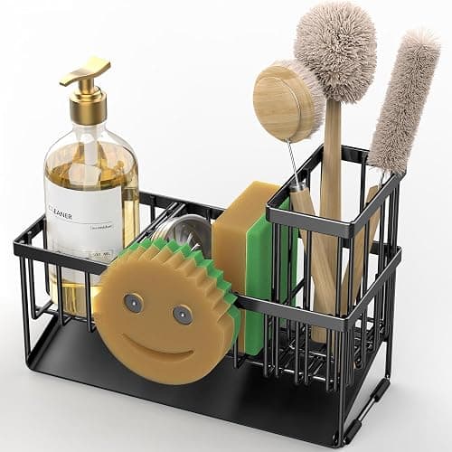 Cisily Sink Caddy With Smiley Face Sponge Holder, 304 Stainless Steel Rustproof(Black) thumbnail 4