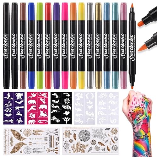 Temporary Tattoo Markers for Skin,15PCS Dual-Ended Tattoo Pen + 50 Paint Stencils + 43 Tattoos Stickers,Glitter & Matte & Neon Glow Body Marker Set, Removable Fake Tattoos Kit for Teens and Adult thumbnail 9