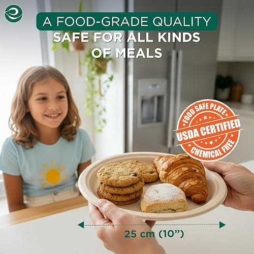 ECO SOUL Compostable Paper Plates 10 Inch, 100 Pack – Heavy Duty Disposable Paper Plates, Biodegradable Sugarcane Bagasse, Durable & Microwave Safe, Unbleached Round Dinner Plates for Party, Picnic thumbnail 2