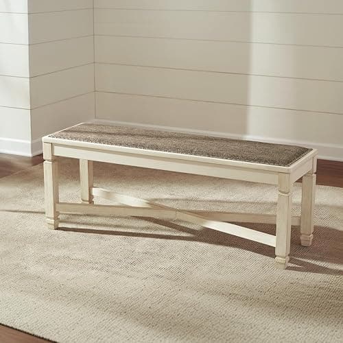 Signature Design by Ashley Bolanburg Casual French Country Upholstered Dining Room Bench with Nailhead Trim, Heavy Woven Fabric, Wood, Antique White & Tan thumbnail 2