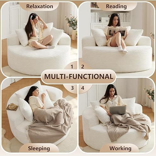 Oversized Round Chair Lounge Chaise Indoor, Upholstered Corduroy Deep Seat Cloud Large Circle Sofa Chair, No Assembly Required, Fluffy Modern Sleeper Sofa Bed for Reading, Living Room, Bedroom, White thumbnail 4