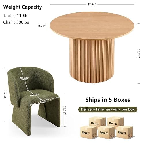 NORDICANA 5-Piece Round Dining Table Set for 4, Rustic 47-Inch Kitchen Table and Chair Set, Dining Set with Dark Green Upholstered Armchairs, Manufactured Wood Top with Oak Veneer thumbnail 2