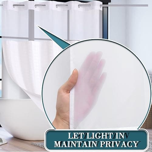 Conbo Mio No Hook Shower Curtain with Snap in Liner Set, Hotel Luxury White Shower Curtains for Bathroom with See Through Top Window, Waterproof, Washable 71W x 74H thumbnail 3