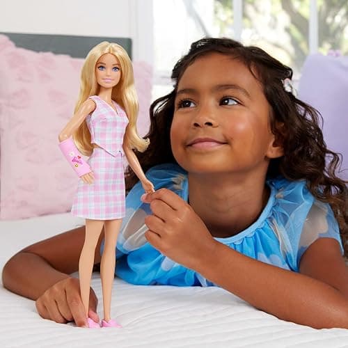 Barbie Fashionistas Doll #243 with Blonde Hair and Pink Arm Cast Accessory, Wearing Plaid Top and Skirt with Pink Loafers thumbnail 2