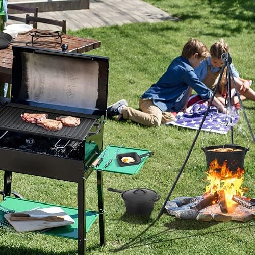 8 Piece Pre-Seasoned Dutch Oven Cooking Set Cast Iron Camping Kitchen Cookware Bakeware Skillets & Square Grill Pan w/Vintage Carrying Wood Box for Ourdoor Home BBQ Baking thumbnail 9