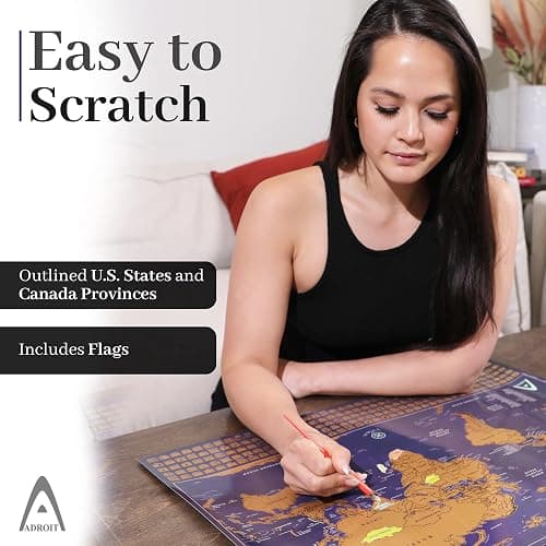 Adroit World Scratch Map of the World, Large 24x17 Scratch Off Map Poster For Travellers, with US States and Canada Provinces, Travel Map with Pins, Includes All Country Flags thumbnail 4