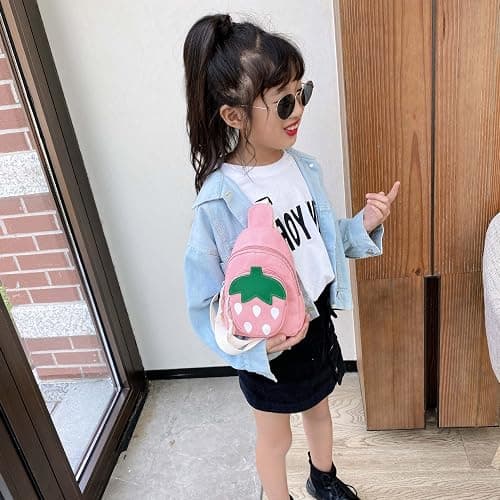 Hiflyer Pink Strawberry Sling Backpack, Small Backpack for Girls, Kawaii Bag, Lightweight Canvas, Adjustable Shoulder Strap, Zipper, 8x5x2 inches thumbnail 3