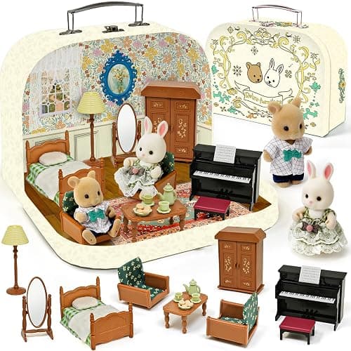 Dollhouse Bedroom Furniture Accessories Suitcase Set for Kids, 2 Flexible Dolls/Table/Bed/Bedclothes/Floor Lamp/Safety Mirror/Wardrobe/Piano/Stool, Pretend Play Christmas Birthday Gift for Girls 3+ - Image 1