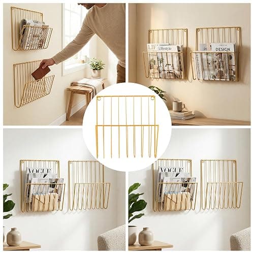 Pipigaty 2-Pack Wall Magazine Rack, Gold Metal Mail and File Organizer | Durable gold metal rack holds magazines and mail while adding a modern accent to offices, bathrooms and living rooms thumbnail 8