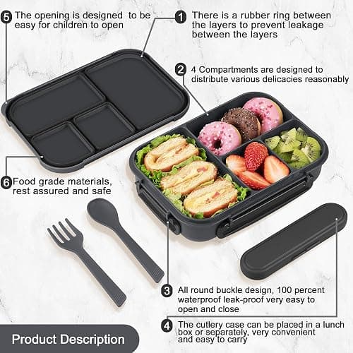 Amathley Lunch Box Kids,Bento Box Adult,Leakproof Lunch Containers for Adults/Kids/Toddler,1200ML-4 Compartments bento Lunch box with Utensil,Microwave & Dishwasher & Freezer Safe (Dark Gray) thumbnail 3
