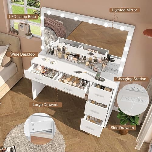 FIONESO 47.2" Large Vanity Desk with Mirror & 14 LED Lights, Makeup Vanity Table with 5 Drawers & Charging Station, Makeup Vanity Desk, 3 Lighting Colors, Dressing Vanity Table for Bedroom, White thumbnail 4