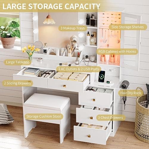 Vanity Desk with Mirror and Lights, Makeup Vanity Table Set with 5 Storage Drawers, Power Outlet & Chair, Small Dressing Table with RGB Ambient Light, Adjustable Brightness for Girls Bedroom, White thumbnail 5