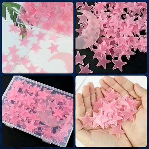 100 Stars and 1 Moon Glow in The Dark Luminous Fluorescent 3D Plastic Glow Stars Moon for Ceiling, Glowing Wall Stickers Create a Realistic Starry Sky, Room Decorations (Pink) thumbnail 7