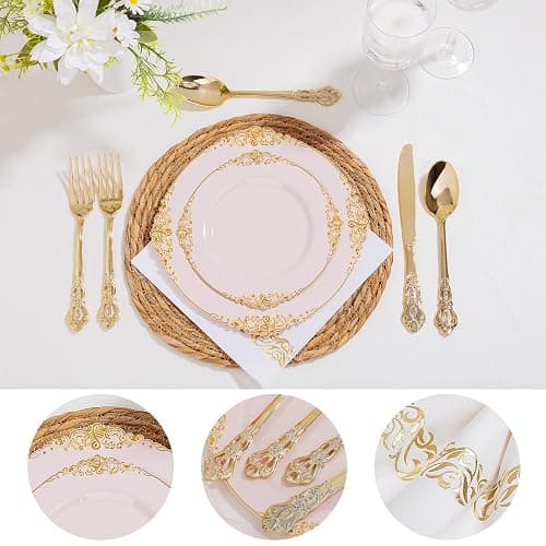Ciaell 300PCS Pink and Gold Plastic Plates - Pink Disposable Dinnerware Sets for 50 Guests - 100 Plates, 50 Knives, 50 Forks, 50 Spoons, and 50 Napkins for Wedding, Anniversary & Party thumbnail 4