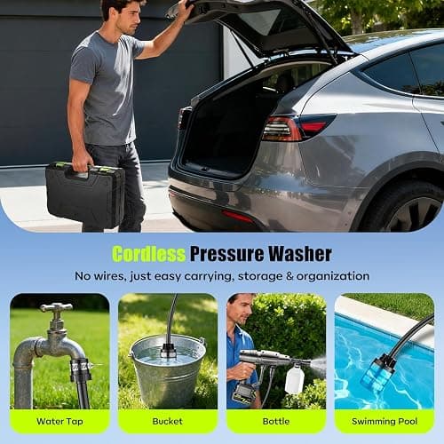 YKYI Cordless Pressure Washer Battery Powered,30 Speed Level,1200 PSI Portable Power Washer with 6-in-1 Nozzle,24FT High-Elastic Hose,Handheld Pressure Washer for Car,Garden Cleaning(Light Grey) thumbnail 6