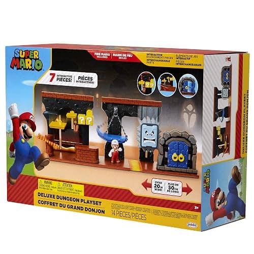 Nintendo Super Mario Dungeon Deluxe Play Set, Includes: 2.5” Fire Mario Figure & 7 Interactive Environmentpiece Moving Platforms & Thwomp, Spinning Fire Balls, Hidden Coin, Swing, & Door thumbnail 5