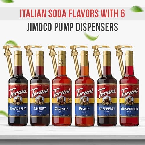 Jimoco Syrup Pump & Torani Syrup Bundle - Fruit Bowl Syrup 6 Pack Summer Flavors, Raspberry, Strawberry, Blackberry, Cherry, Orange and Peach - For Italian Soda Coffee, Lattes, Frappes With 6 Pump Dispensers thumbnail 2